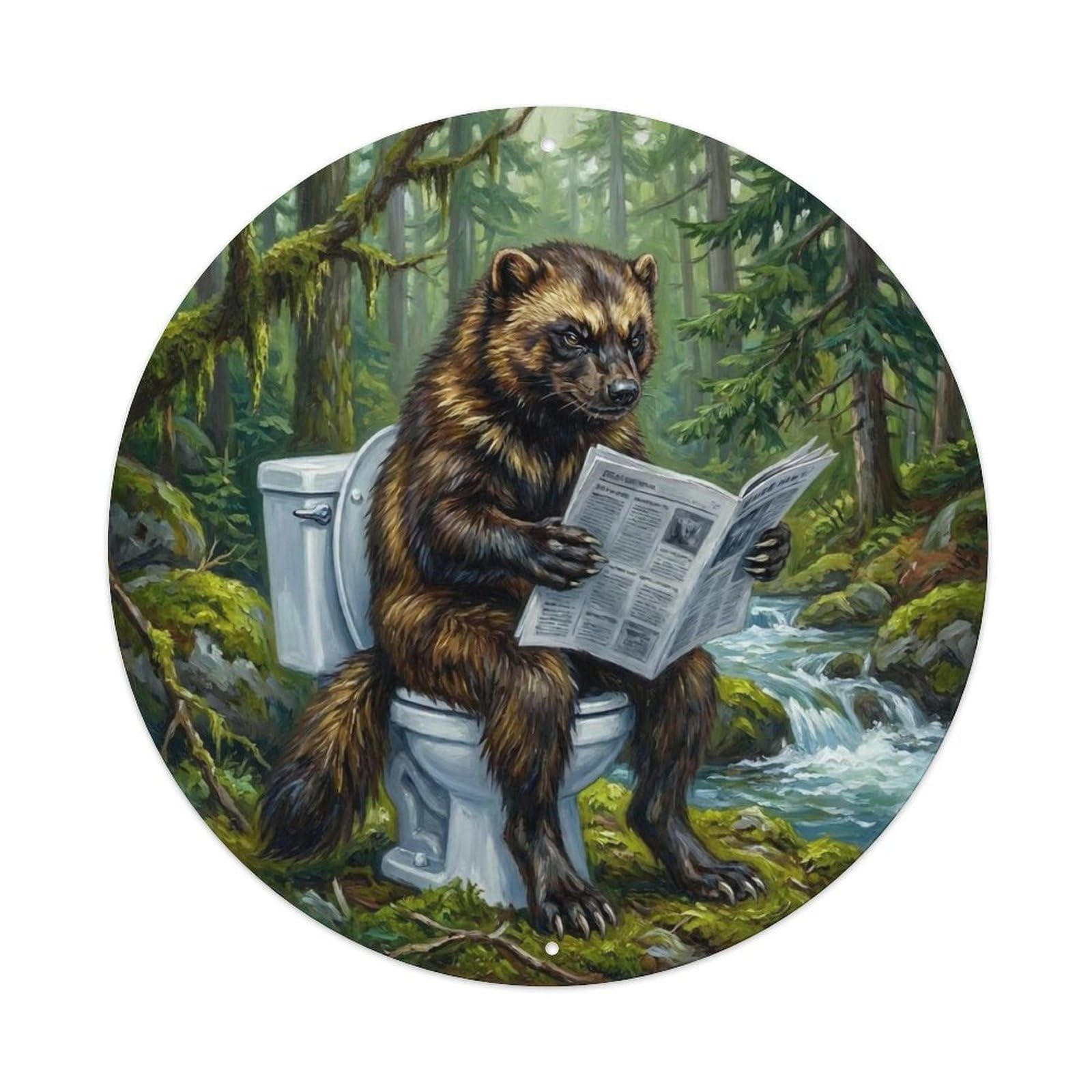 Wolverine On Toilet Humorous Bathroom Boreal Creek Metal Tin Sign