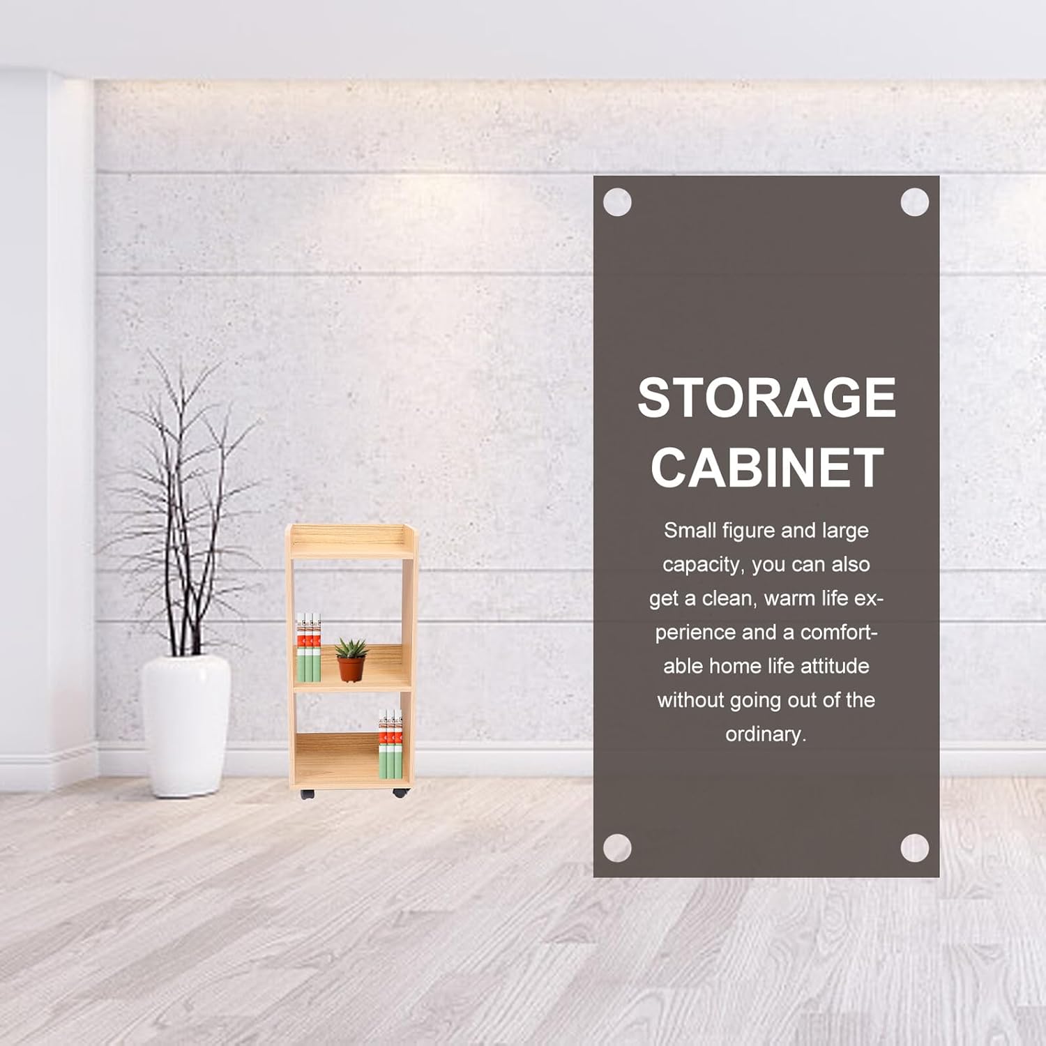 Movable Floor Storage Rack with Rubber Wood Finish 30x24x66cm, Home Organizer Shelf Unit with Swivel Wheels for Living Room and Kitchen