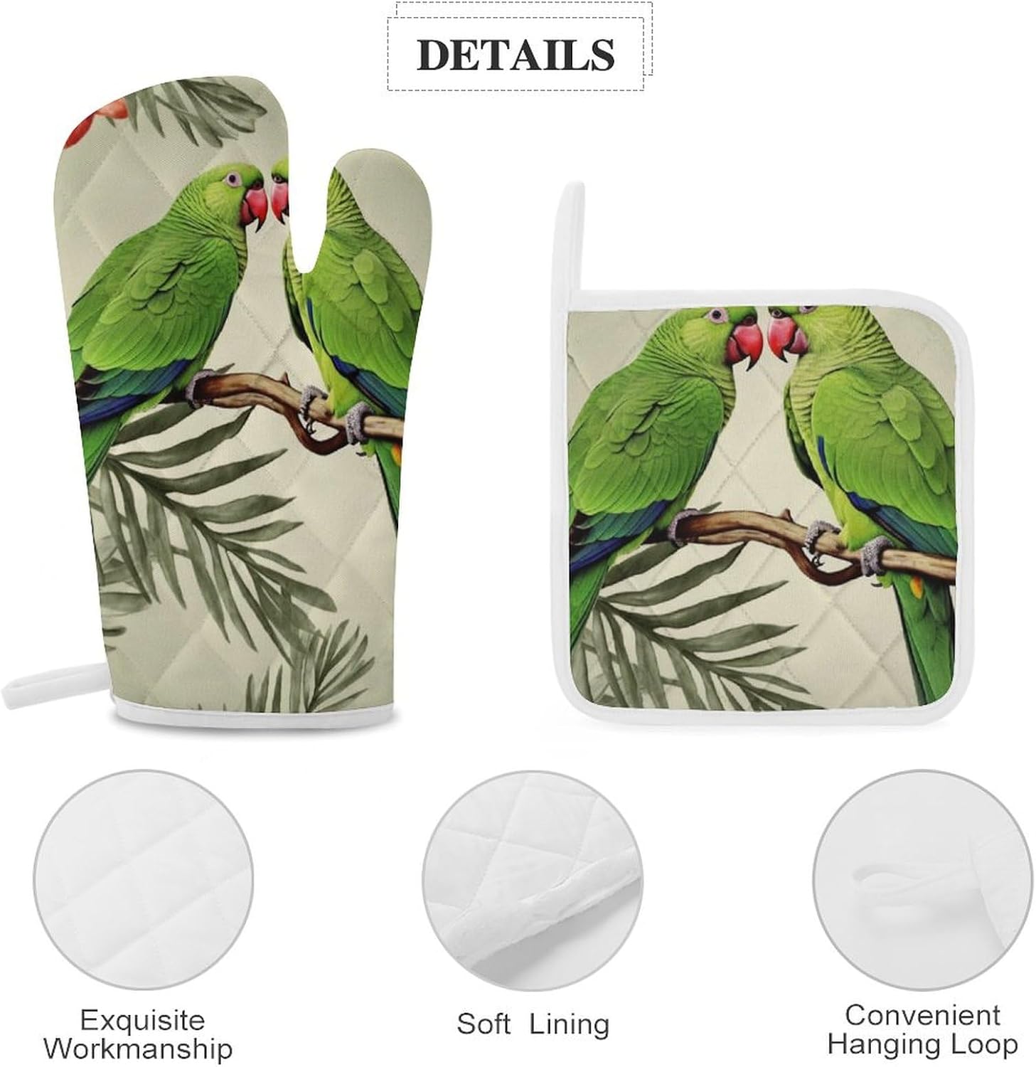 Oven Mitts Pot Holders Kitchen Couple Parrots Olive Heat Resistant Oven Glove for Baking and Cooking