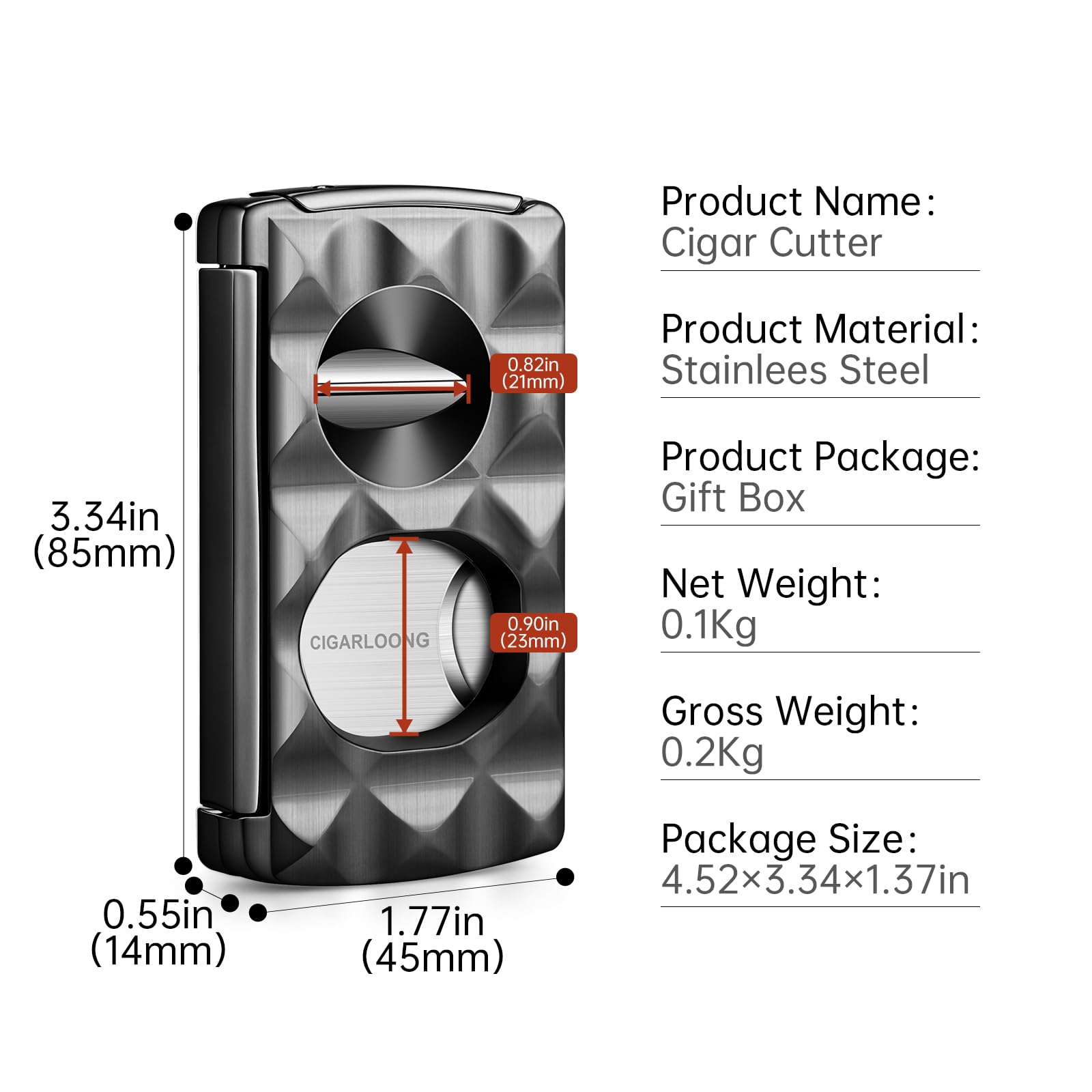 CIGARLOONG Coupe-cigare 4 en 1 acier inoxydable - Guillotine à double lame, coupe-cigare en V, Coupeur De Poinçon, Porte-cigare avec finition à motif diamant, Coffret cadeau inclus (Noir)