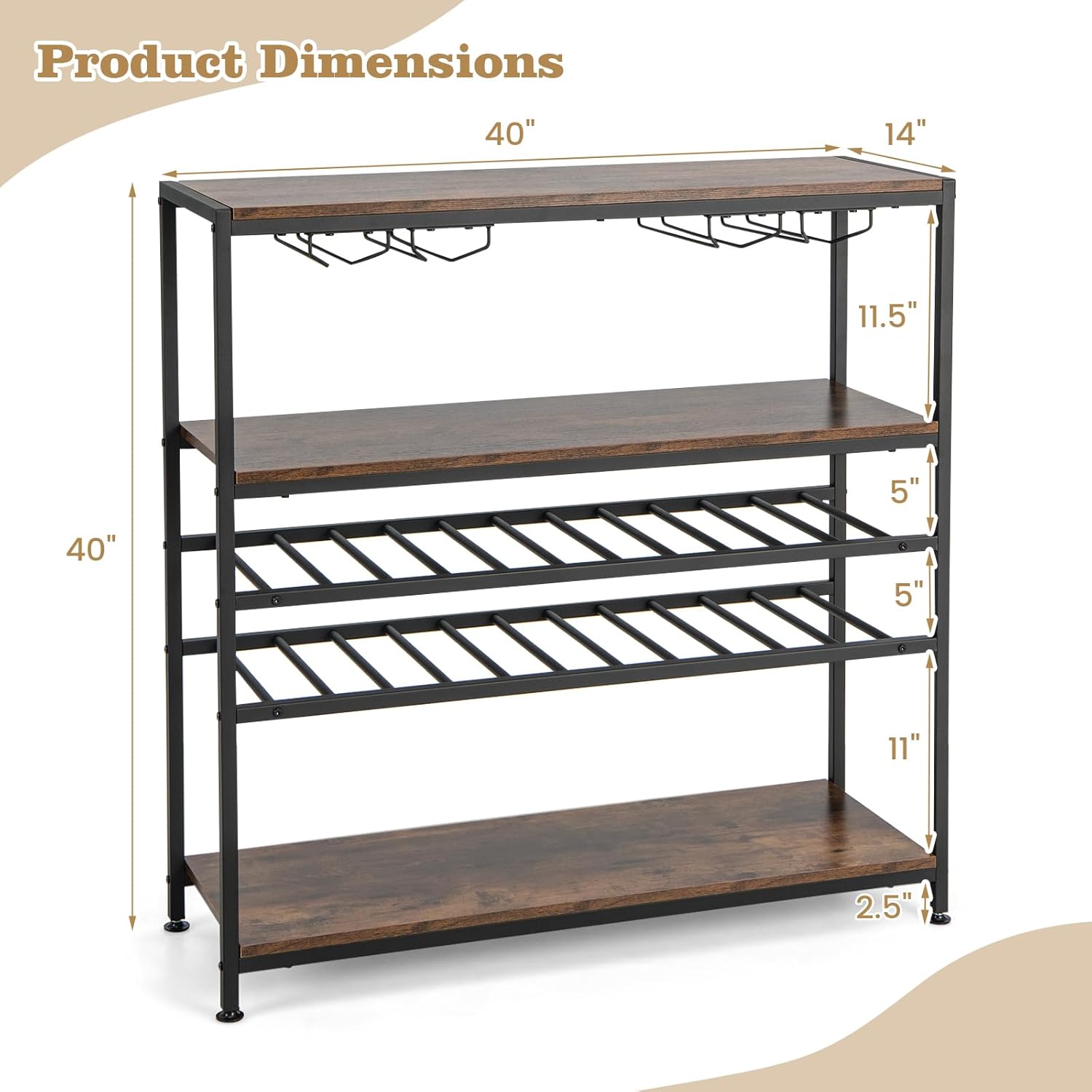 LOKO Industrial 5-Tier Wine Rack Table, Freestanding Wine Bar Cabinet with 2-Tier Wine Rack, 4 Row Glass Holder, 22-Bottle Wooden Floor Standing Wine Storage Stand for Kitchen, Dining Room