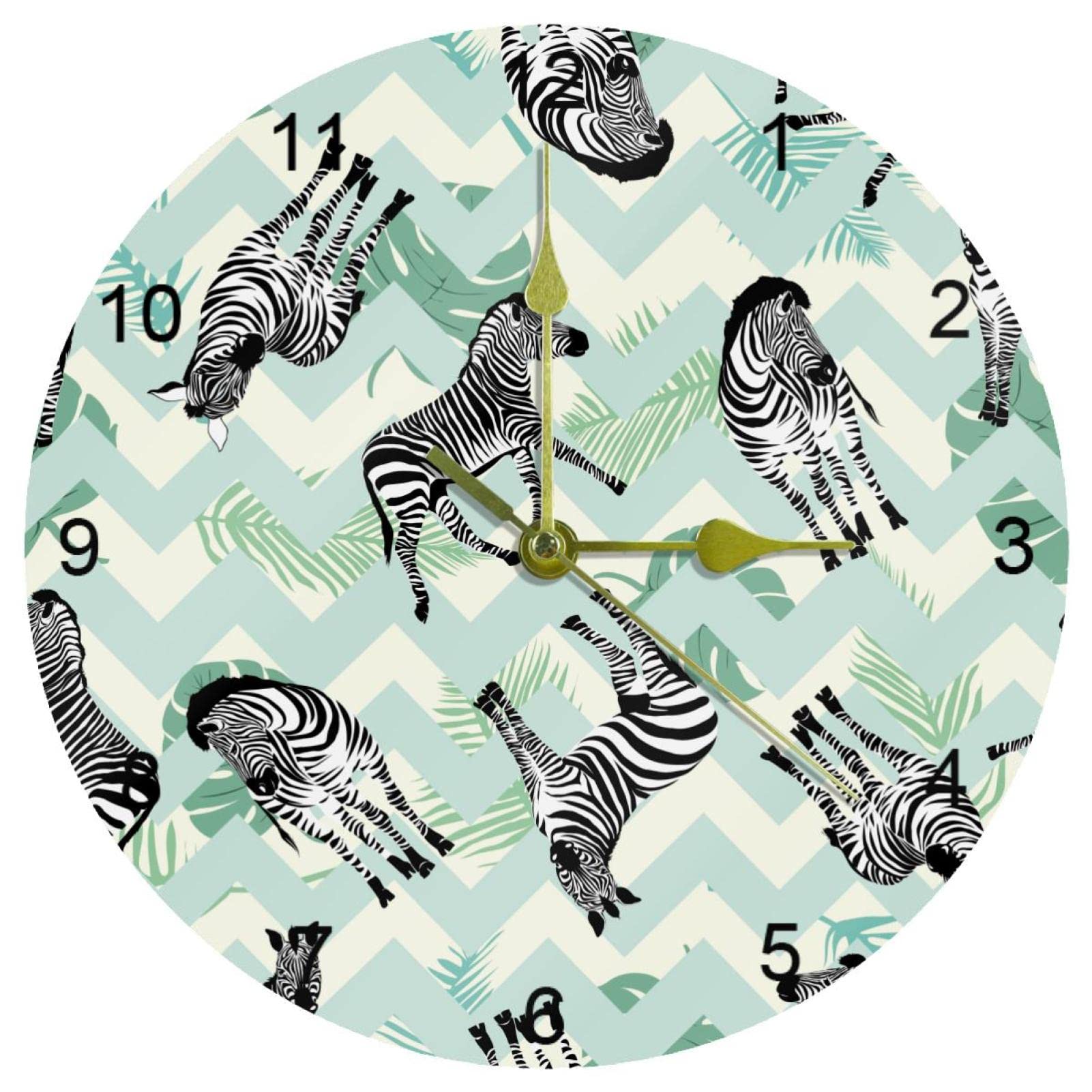 Horloge murale pour cuisine et salon décor végétal feuilles zébrées vertes et blanches 25cm