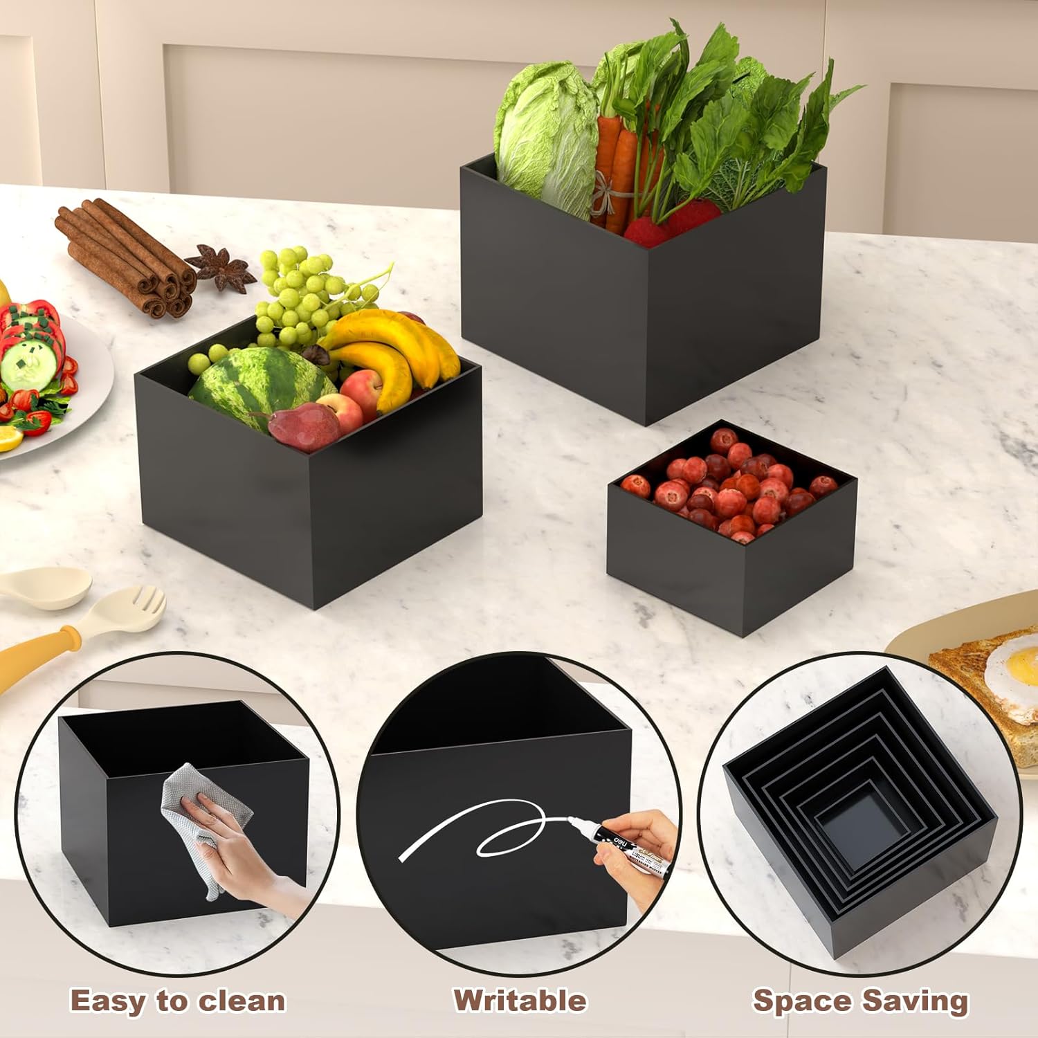 6Pcs Buffet Risers, Food Risers for Buffet Table, Acrylic Boxes for Display Cube Riser Display Stand for Party Catering Dessert Collectibles, Black Set (Size 8", 7", 6", 5", 4", 3")