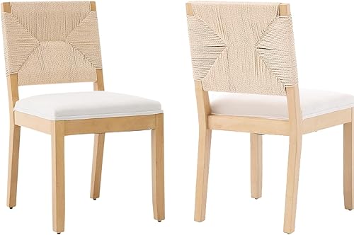 Miniatura 34 de French Country - Juego de 4 sillas de comedor de ratán beige, sillas de comedor de madera con respaldo de caña y asiento tapizado de lino, marco de