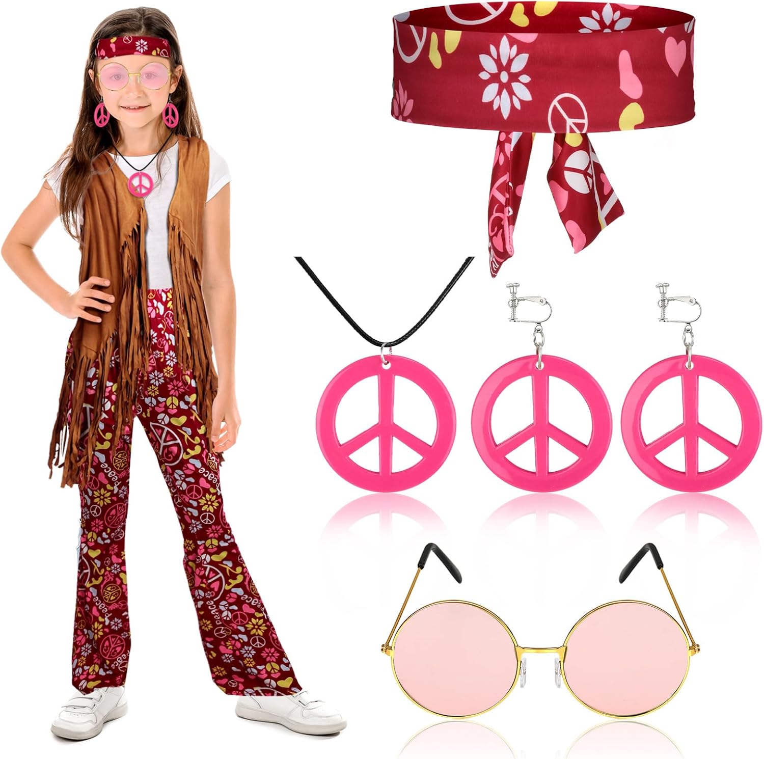 Jenaai 7 Pcs Kids 60s 70s Hippie Outfits for Girls Costume Set Boho Flared Pants Hippie Outfits Accessories Set
