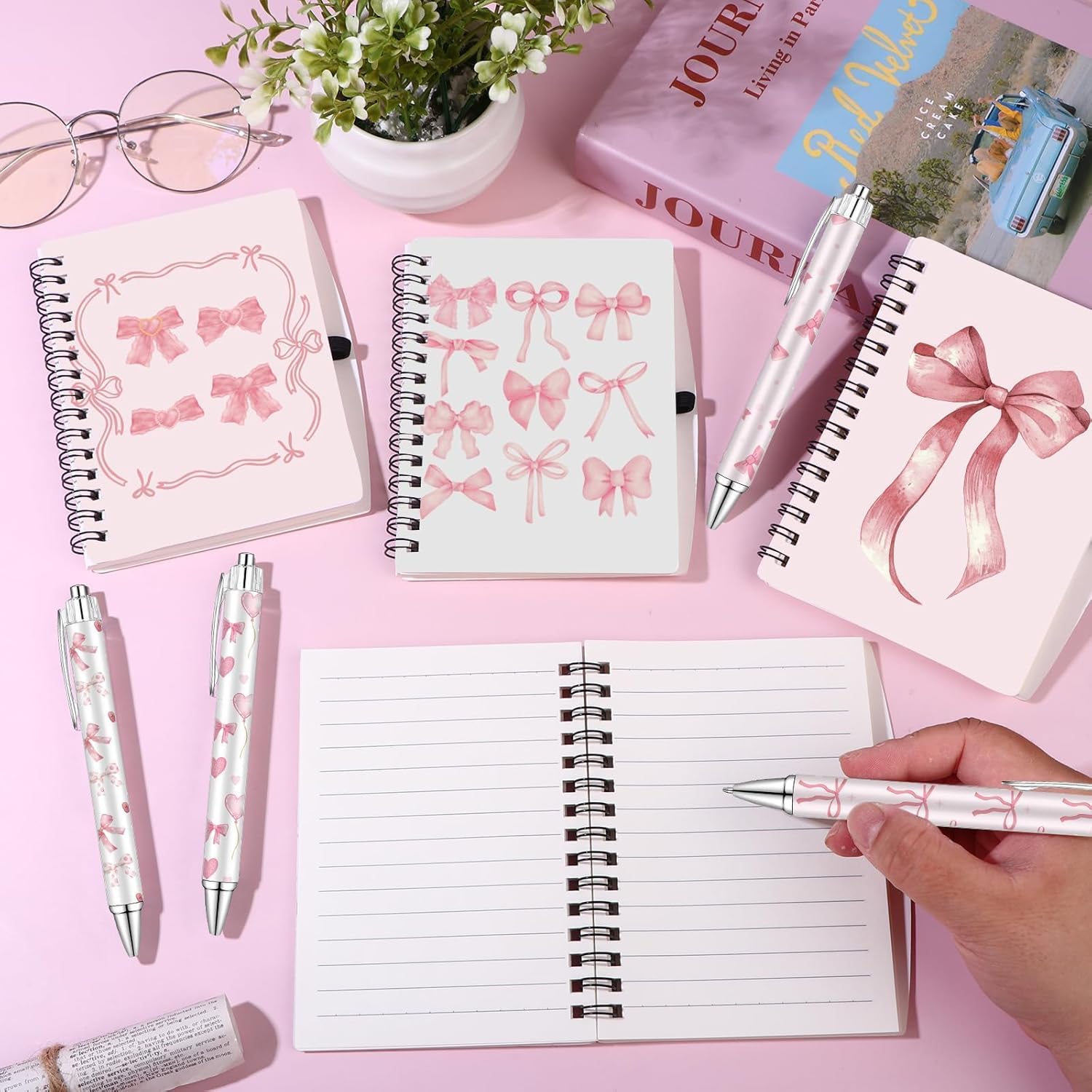 16 Pcs Pink Coquette Bow Spiral Notebook Preppy Journal Ballpoint Pens Aesthetic Hardcover Ruled Notebooks with Retractable Black Ink Pen for Office School Day Classroom Prize Supplies - Image 5