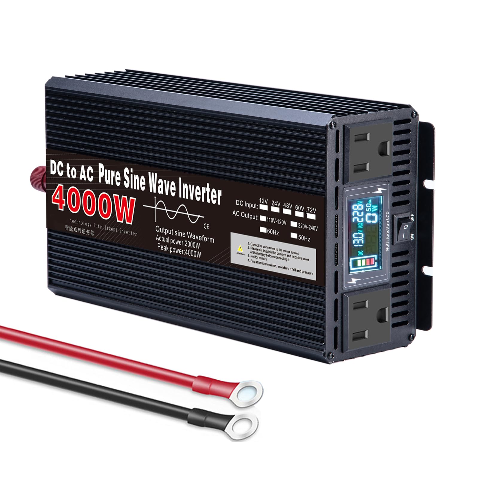 Falownik sinusoidalny 4000W, falownik samochodowy DC 12 V 24 V 48 V 60 V 72 V do AC 120 V/220 V 2 AC Gniazda na wypadek huraganów, przerw w dostawie prądu,Dc 60v,AC 110V