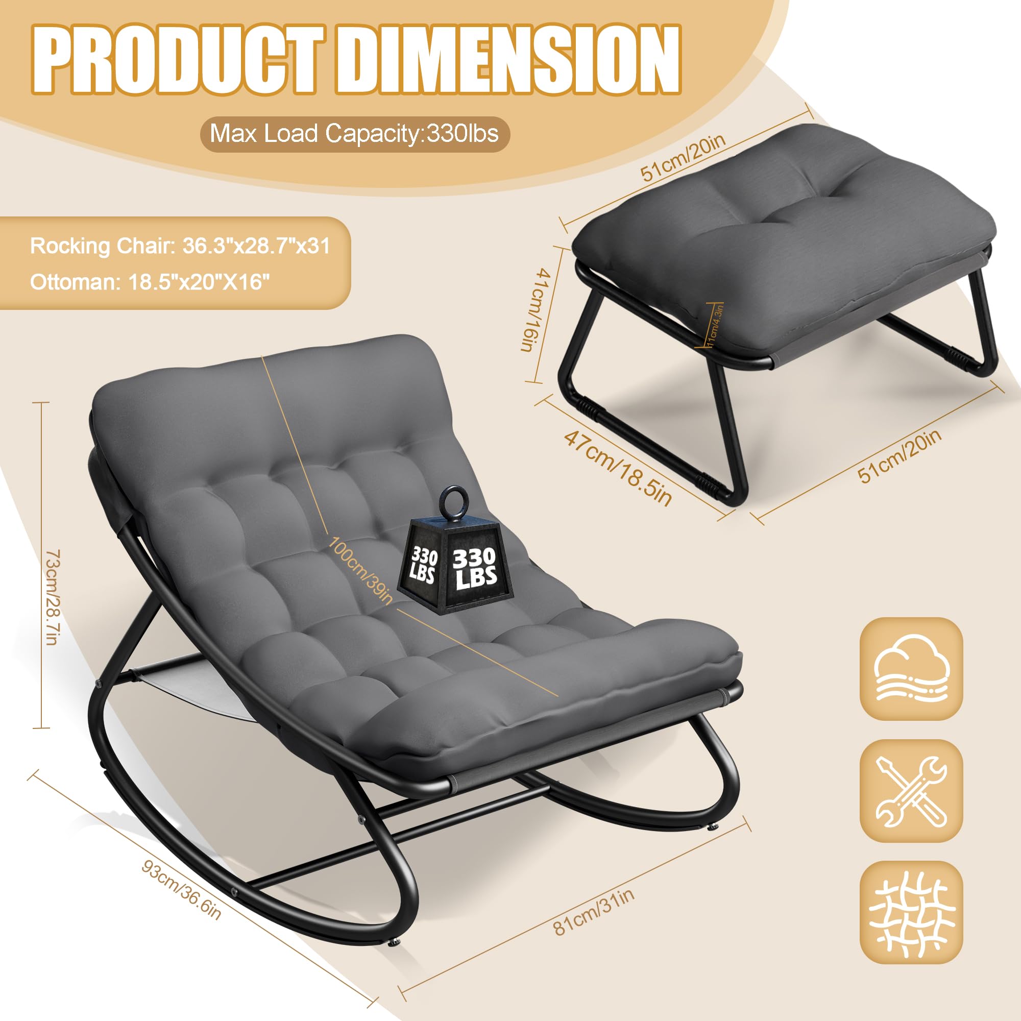 Schaukelstuhl Outdoor Wetterfester mit Gepolsterter,Schaukelsessel Wohnzimmer mit Hocker,XXL Loungesessel Outdoor bis 150kg,Stillsessel Bequem für Garten Balkon Terrasse