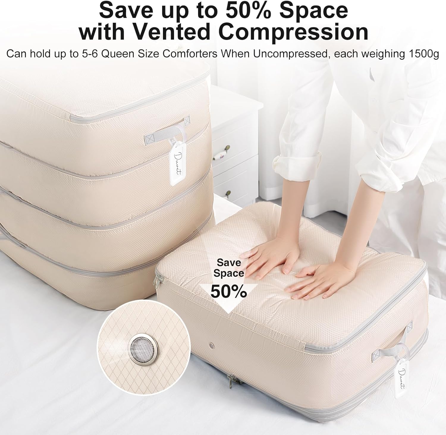 Comforter Storage Bag - 130L Large Capacity Blanket Storage Bags 4-Layer Ultra Space Saving Self Compression Organizer, Washable Compression Bags for Storage Comforter Blanket, 2-Pack, Beige - Image 3