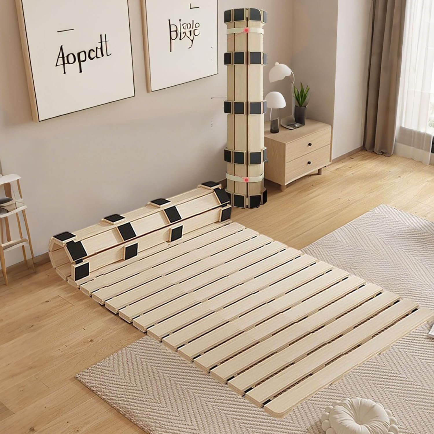 Floor Bed Frame Japanese Bed Frame Foldable Slatted Bed Base Breathable and Moisture-Proof Frame Wooden Floor Platform Guest Tatami Mat (Twin)