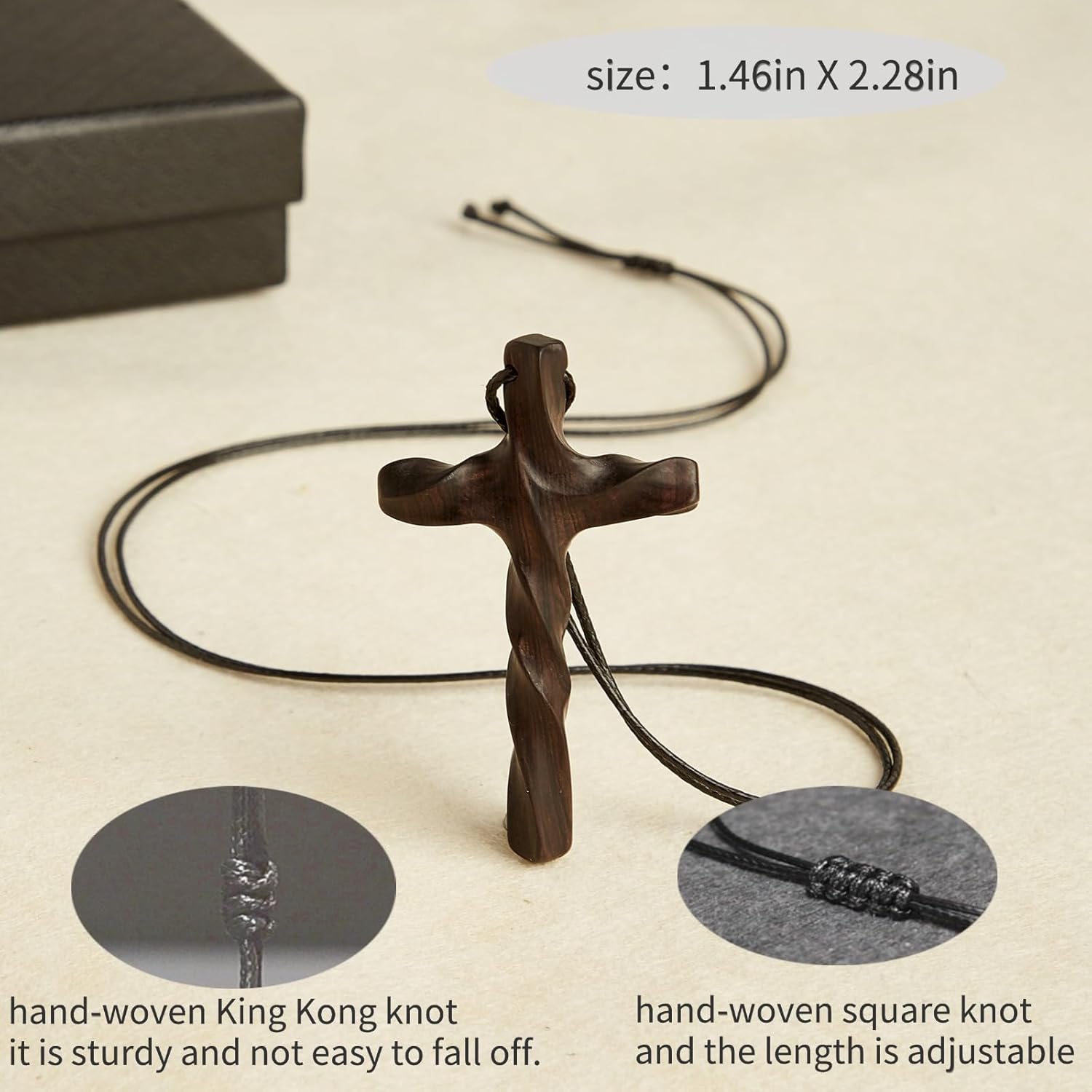 Men's Wooden Cross Necklace Real Handcrafted Ebony Wood Cross Pendants With Leather Necklaces Men's Black Cross Necklaces Christian Baptism Crucifix Pendant for Men (spiral pattern) - Image 3