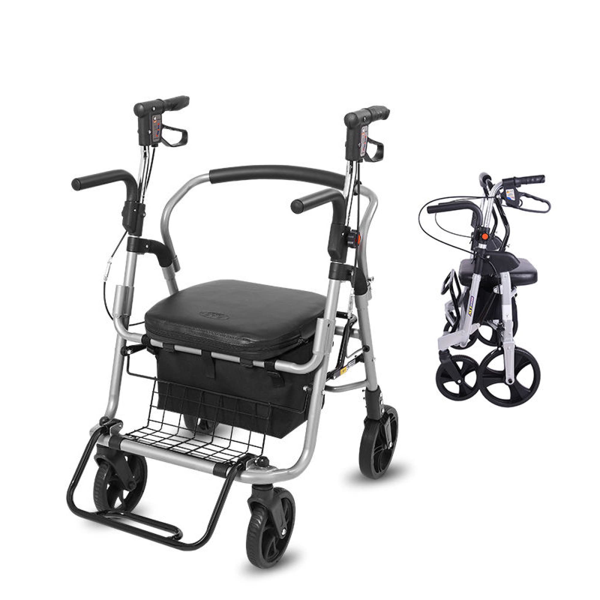 Andador y silla de ruedas 2 en 1: andador con ruedas y respaldo curvo y asiento suave para personas mayores, bolsa de almacenamiento extraíble, soporta hasta 100 kg/220 lb