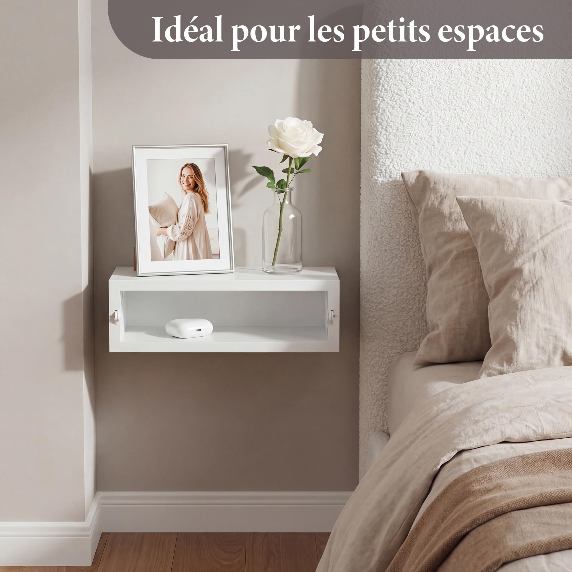 SUMGAR Table de Chevet Suspendue Blanche Pliable Bois Pin Étagère Murale
