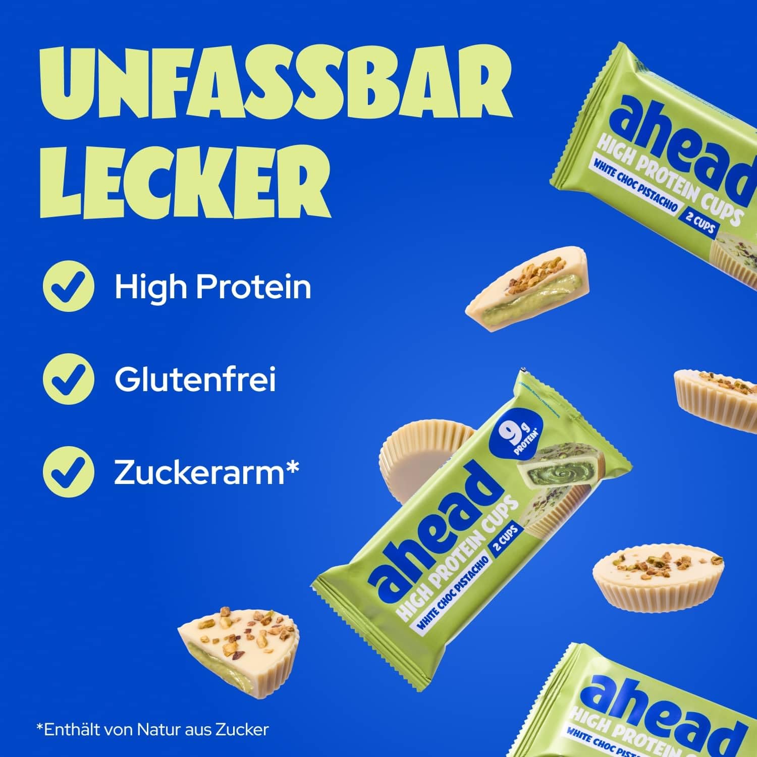 ahead High Protein White Chocolate Pistachio Cups 12 x 34g 9,4g Protein pro Pack Glutenfrei Ohne Zuckerzusatz