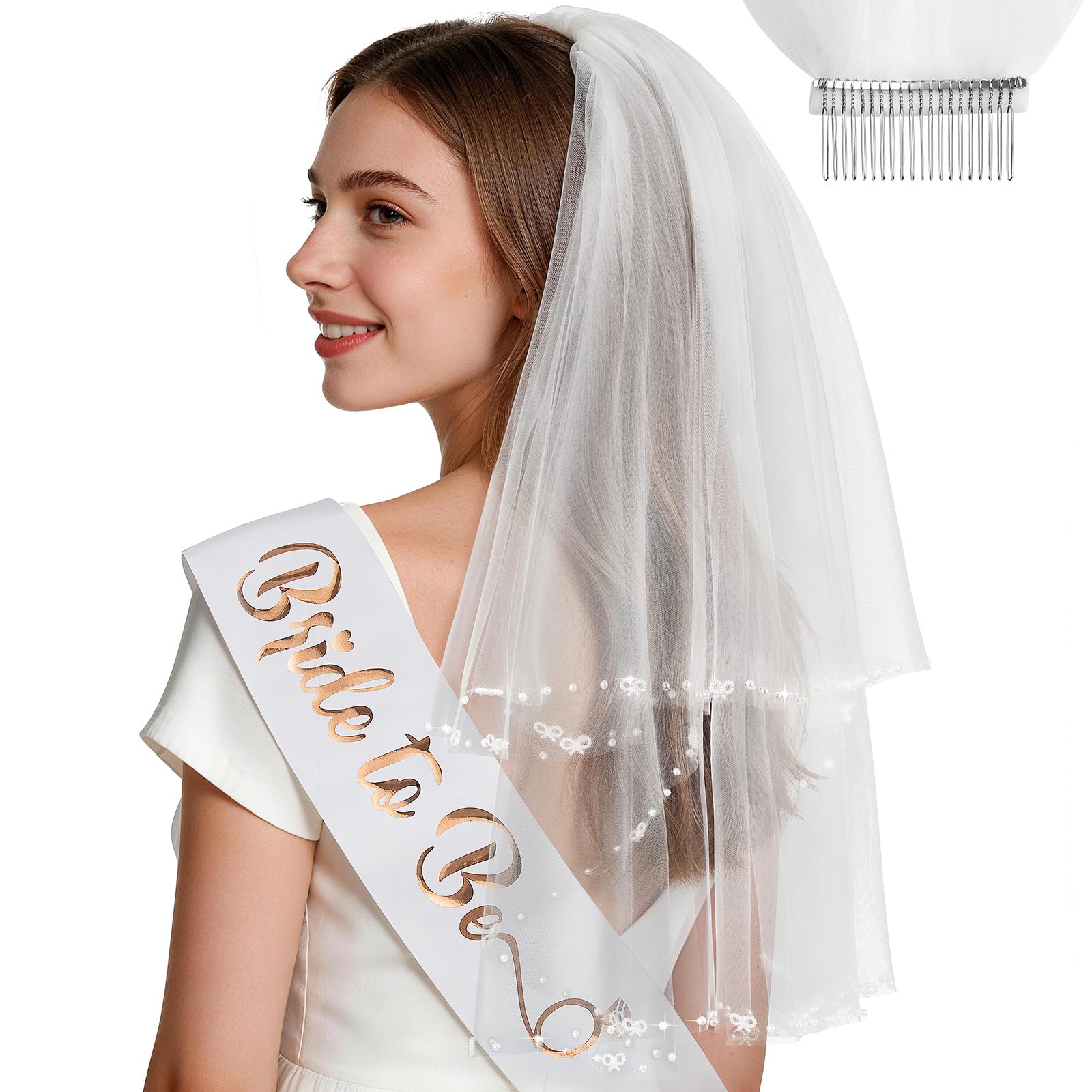 Hen Do Veil and Sash Set White Pearl Short Tulle Metal Comb