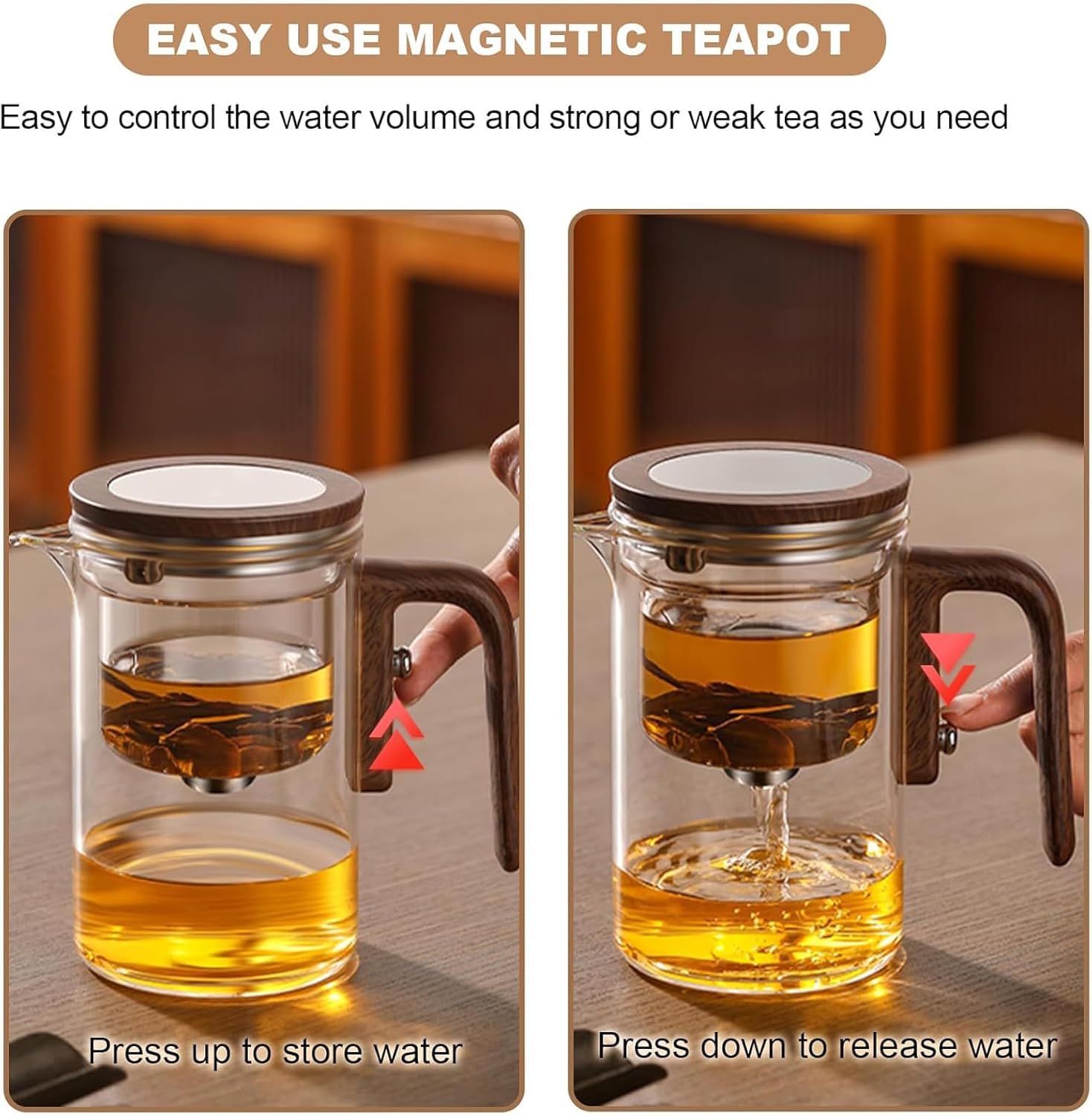 Magnetischer Teekessel aus Glas, 600 ml, Borosilikat-Topf mit Deckel und Sieb für losen Kräutertee, Hexerei-Design, Holzfarbe, perfekt für Teeliebhaber
