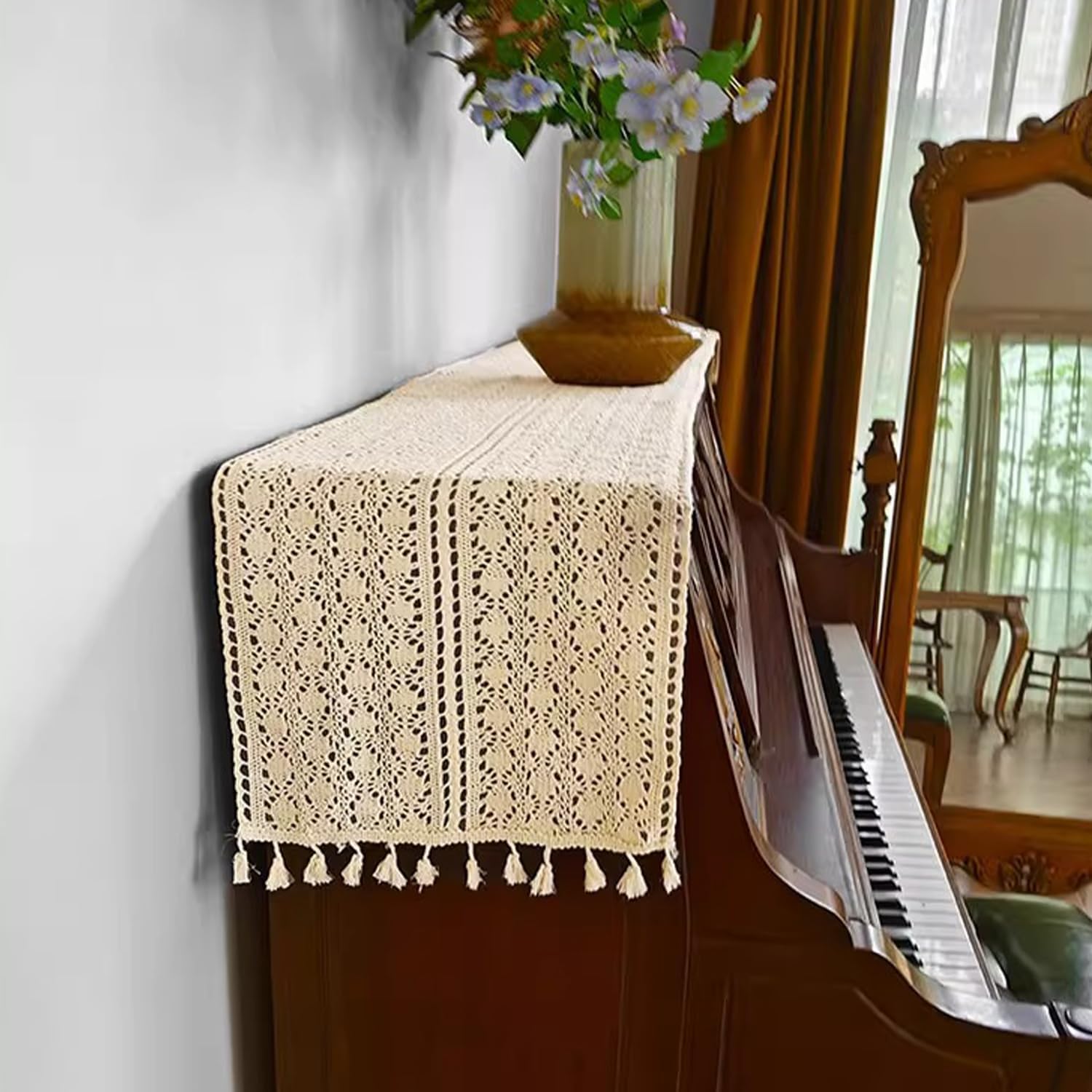 Lace Piano Covers for Upright Piano, Decorative Keyboard Cover, Machine Washable Dust Cover for Digital/Electric Pianos, Vintage Luxury Style Home Decor, 82.6 x 11.8 inches