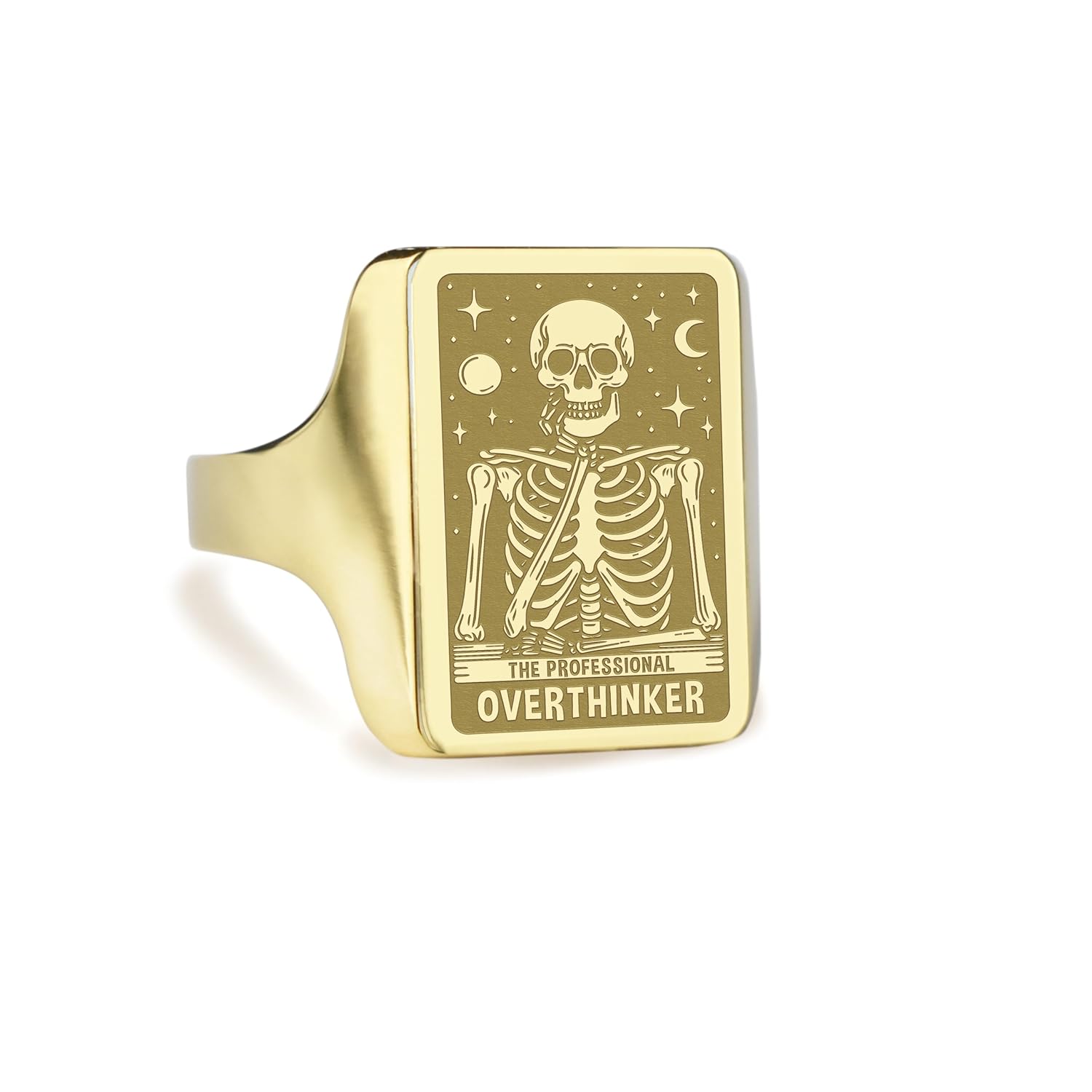 14K Solid Gold The Professional Overthinker Signet Ring | Cheeky Mental Health Ring | Relatable Anxiety Charm | Thoughtful Gift for Best Friend | Engraved Wellness Jewelry | Personalized Stress Charm