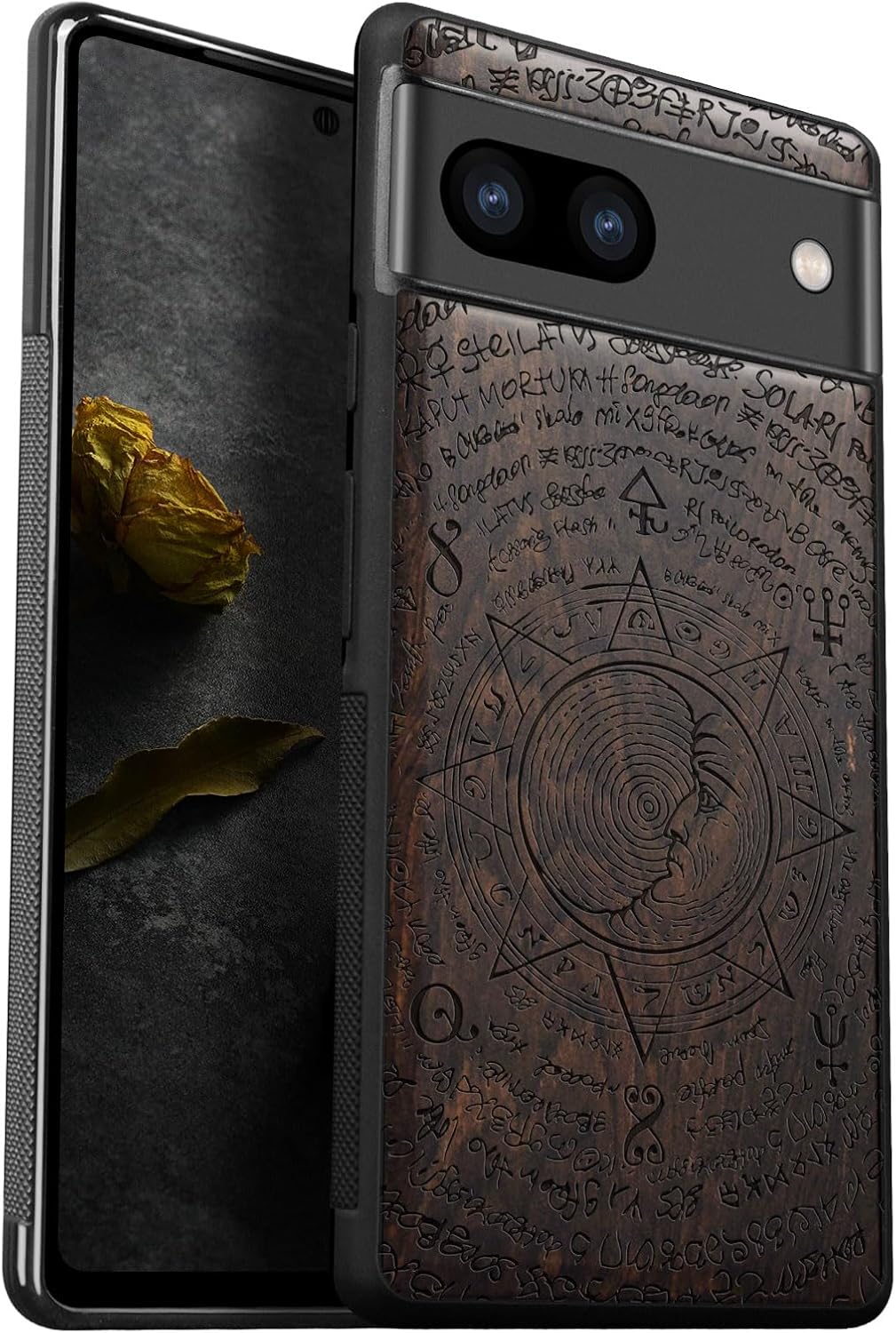 Carveit Wood Case for Pixel 7a Case [Natural Wood & Black Soft TPU] Shockproof Protective Unique & Classy Wooden Phone Cover Compatible with Google Pixel 7a (Mysterious Moon-Blackwood)