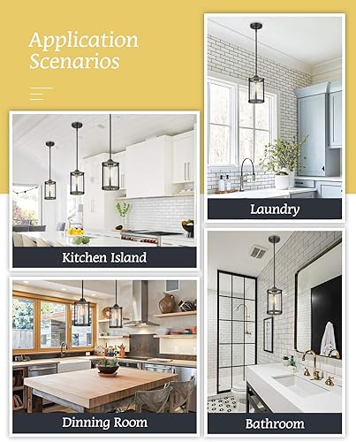 Miniatura 5 de Lámpara colgante de granja, 1 luz de cristal negro para isla de cocina, iluminación colgante rústica industrial con varilla, acabado de madera,