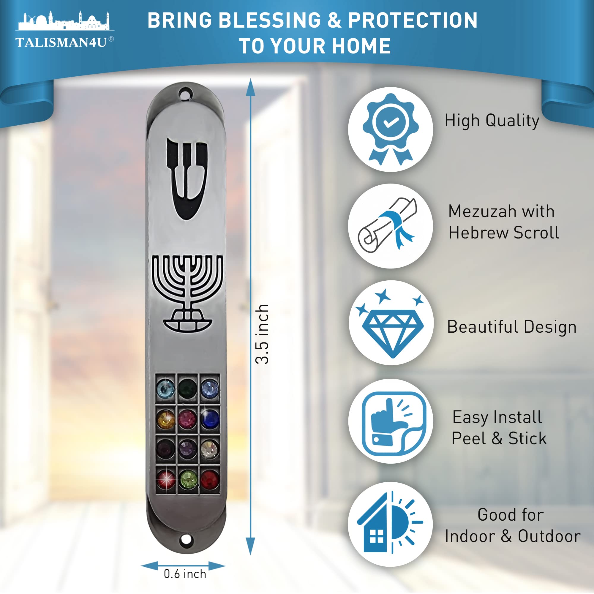 Pewter MEZUZAH Case with Scroll 12 Tribes of Israel Hoshen Design Seven Branch Menorah Judaica Door Mezuza 3.5 Inch