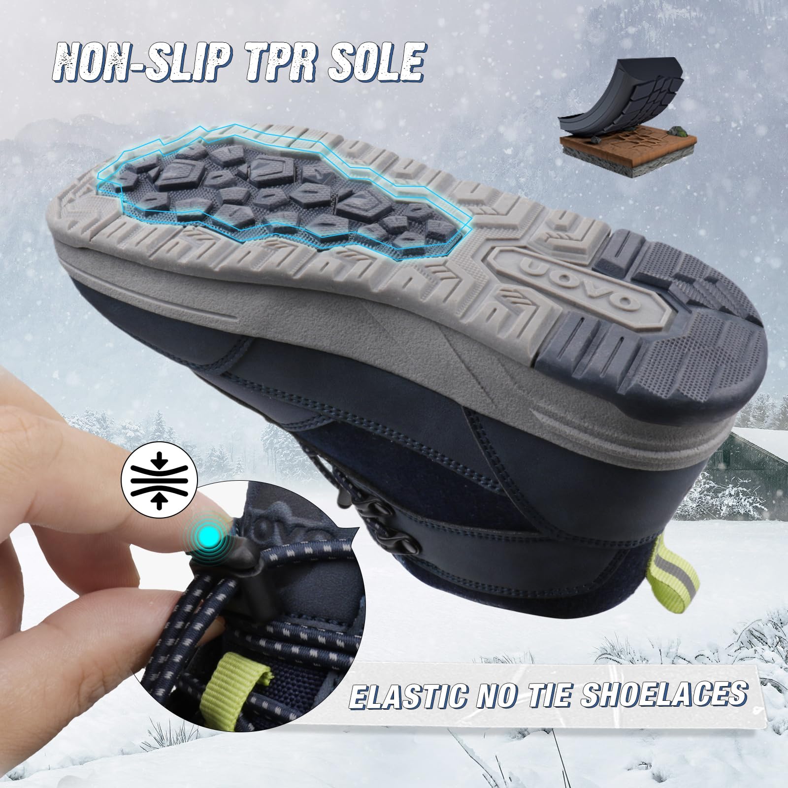 UOVO Botas de invierno para niños, botas de senderismo al aire libre, botas cálidas de tobillo medio, zapatos de nieve resistentes al agua, parte superior de piel sintética, suela acolchada de TPR