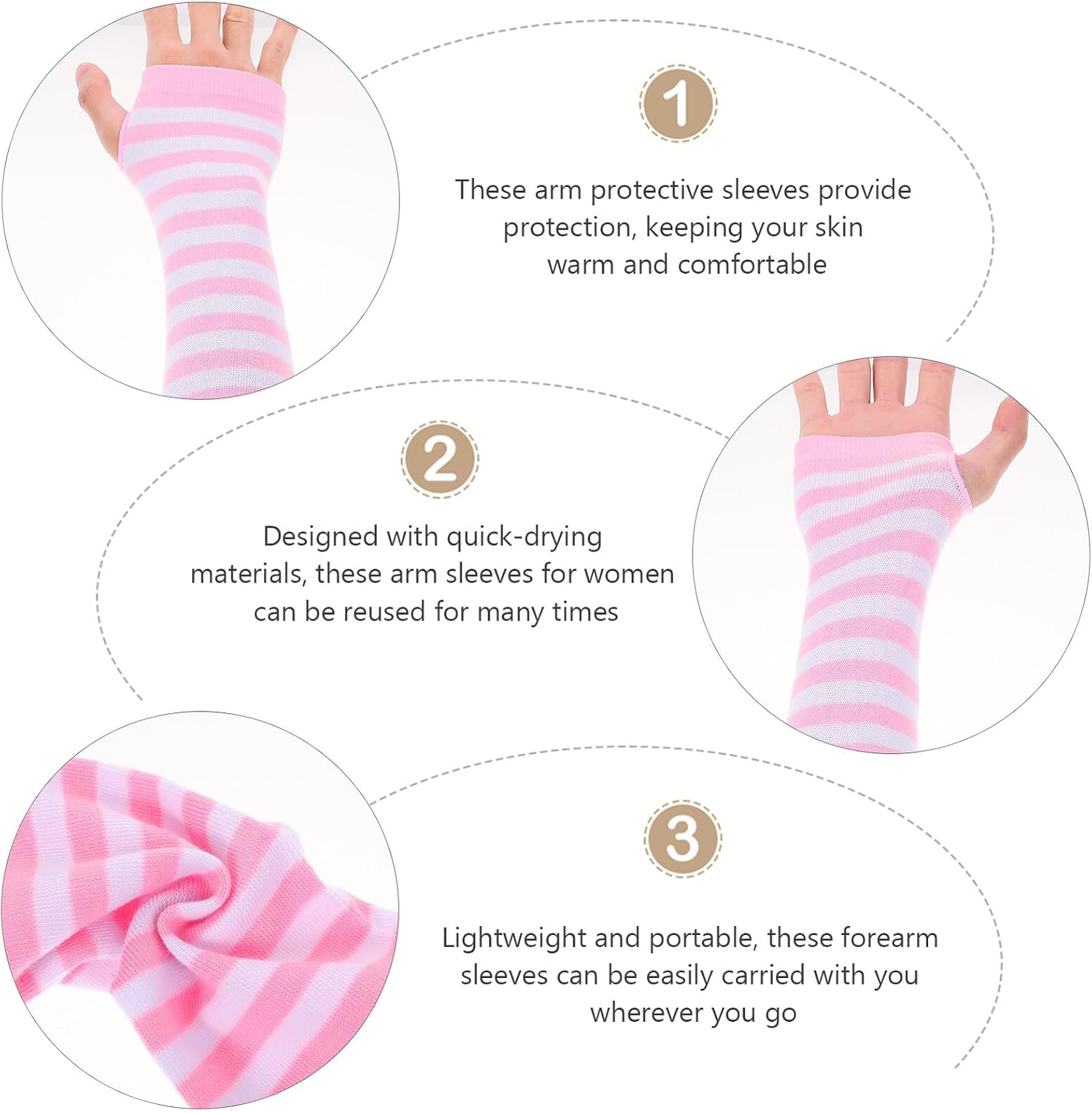 Women’s Long Fingerless Knitted Oversleeve Arm Warmers Thumb Hole, Stretchy Forearm Sleeves for Cold Weather, One Size Pink and White