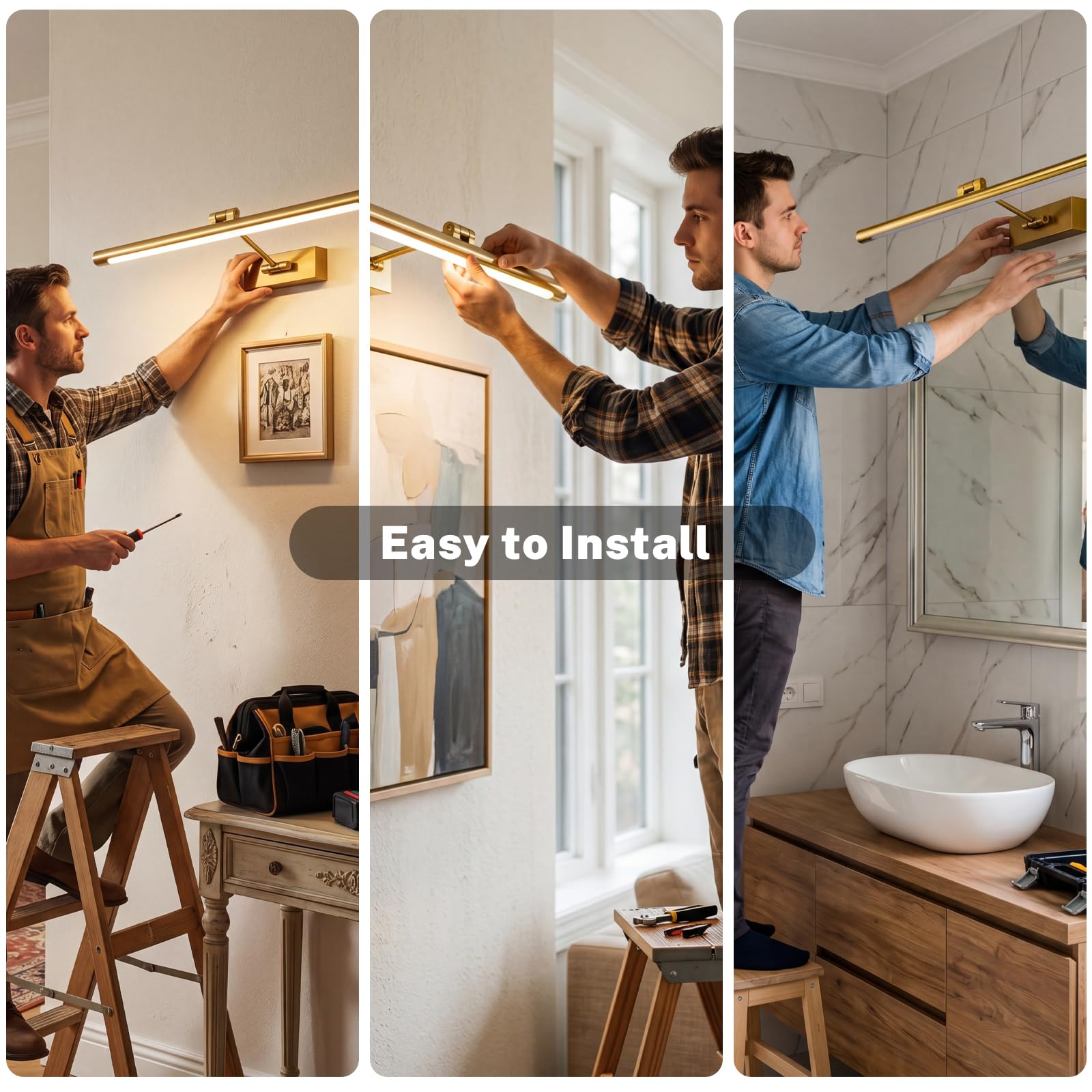 Lampada a LED per specchio da bagno, 3 temperature di colore, applique da parete sopra lo specchio, 60cm, 12 W, IP44, 650 lumen, oro, illuminazione moderna per specchio, lampada da parete per specchio