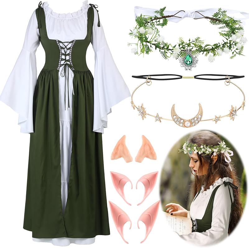 Disfraz de hada Medieval renacentista para mujer, disfraz de elfo de Halloween, vestido victoriano, tocado de hada con orejas de elfo, 6 uds.