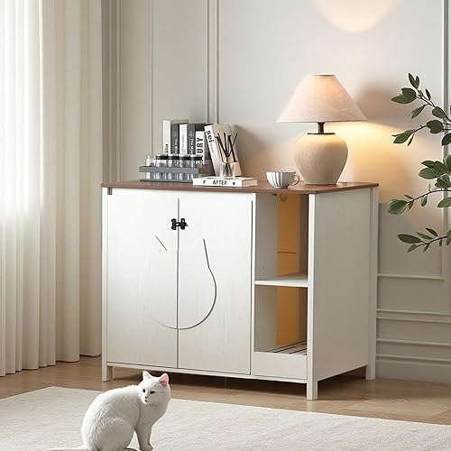 Cat-Faced Litter Enclosure for Placing Cat Robot 3/4, Power Outlet for More Choices, Litter Collector and Dog-Proof Adjustable Shelf (Antique White)