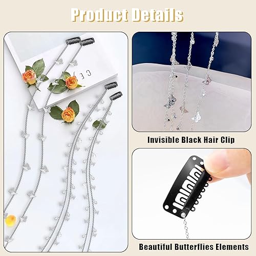 Miniatura 9 de 4 cadenas trenzadas de cabello de mariposas, joyas para el cabello con diamantes de imitación, pinzas para el cabello de mariposas, accesorios para