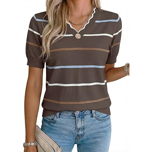 Dokotoo Womens Summer Short Sleeve Knit Tops 2026 Spring Trendy Casual V Neck Striped Sweater Blouses
