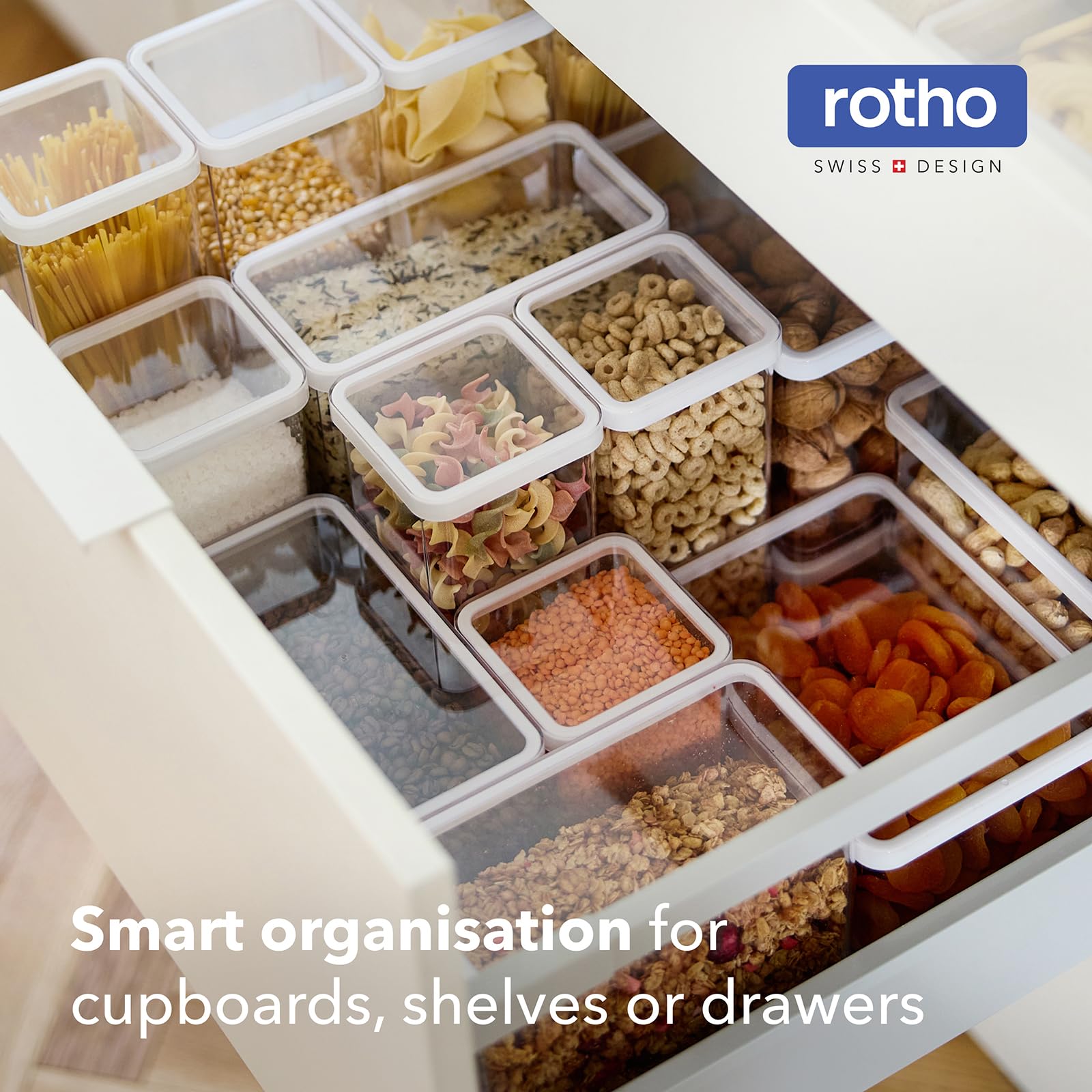 Rotho Loft Set 12 Contenitori Alimentari Ermetici, Senza BPA, Trasparente | Barattoli in plastica SAN per cucina, salva freschezza per pasta e farina, 1x 2,1l, 3x 1,5l, 3x 1,0l, 5x 0,5l, Bianco
