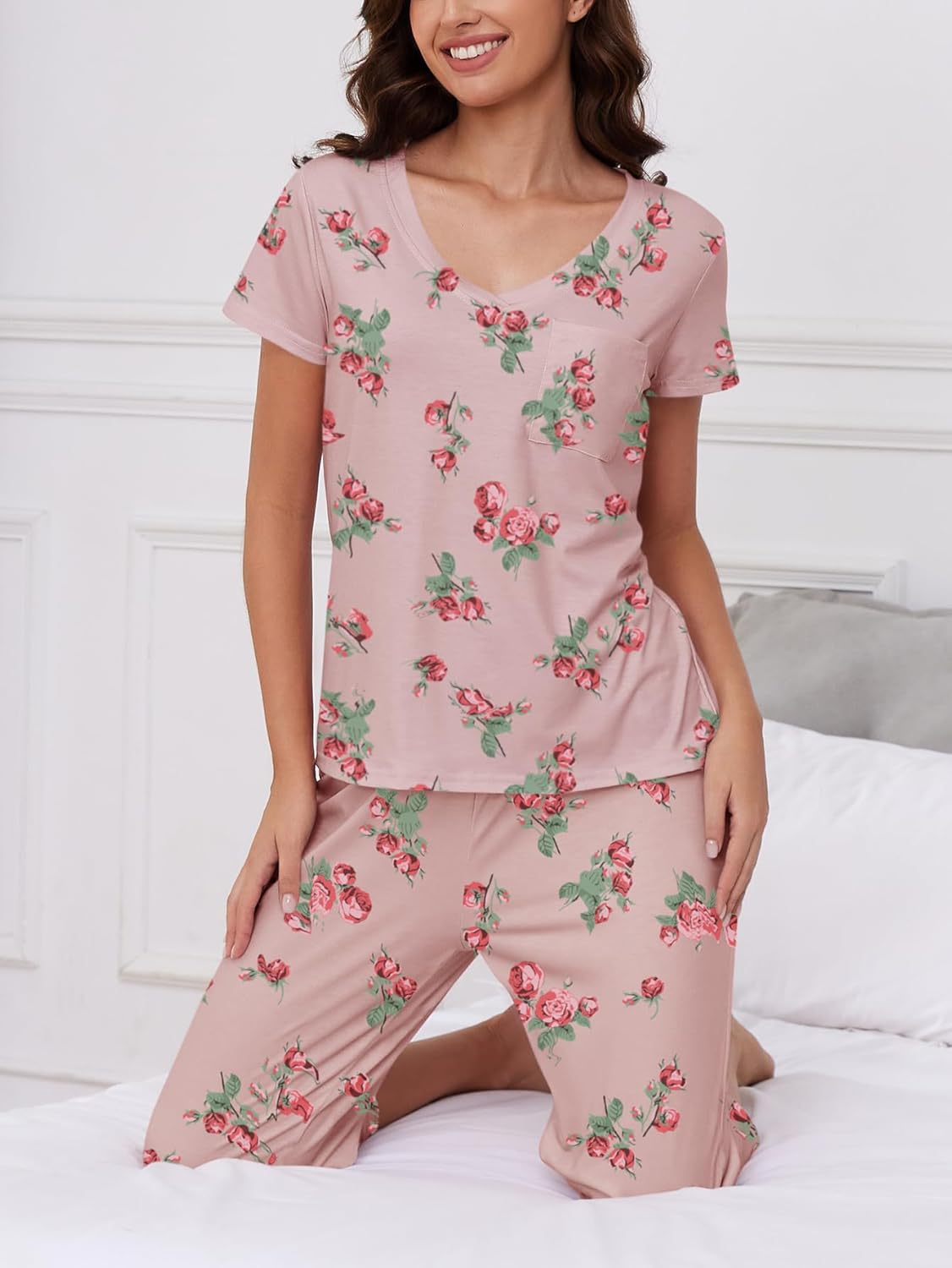 HONG HUI 2 Pack Womens Pajamas Set Short Sleeve Sleepwear Tops and Capri Pants Pjs Summer Loungewear Pj Sets S-3XL - Image 3