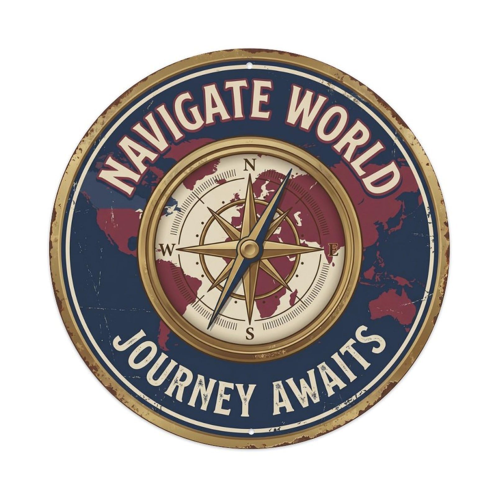Compass Navigate Journey World Travel Metal Tin Sign Plaque Wall Decor for Cafe, Club, Garden Round Metal Poster 8x8Inch