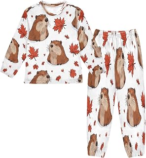 Fleece Pajamas Set Beaver Capybara Maple Red Long Sleeve Sleepwear Winter 2 Piece Pjs Set 6-16 Years