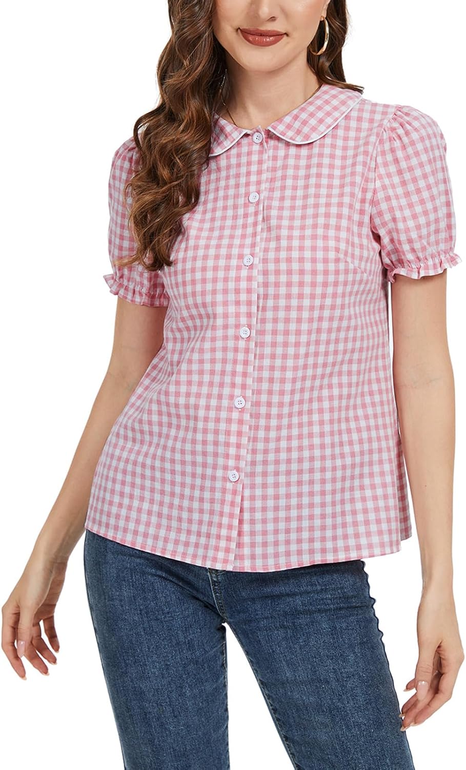 MINTLIMIT Women's Gingham Blouse 2025 Plaid Top Short Sleeve Button Down Peter Pan Collar Shirt - Image 2