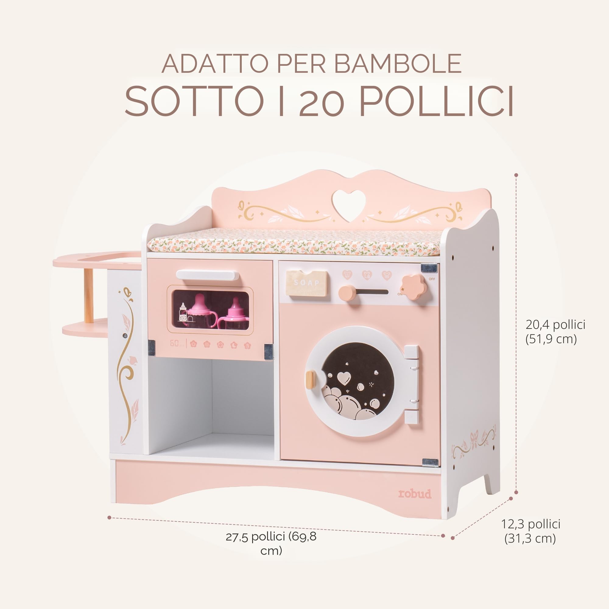 ROBUD Fasciatoio per bambole in legno, fasciatoio per bambole 4 in 1 con lavatrice e sterilizzatore per biberon, custodia, accessori per bambole sotto i 20", regalo per bambini rosa