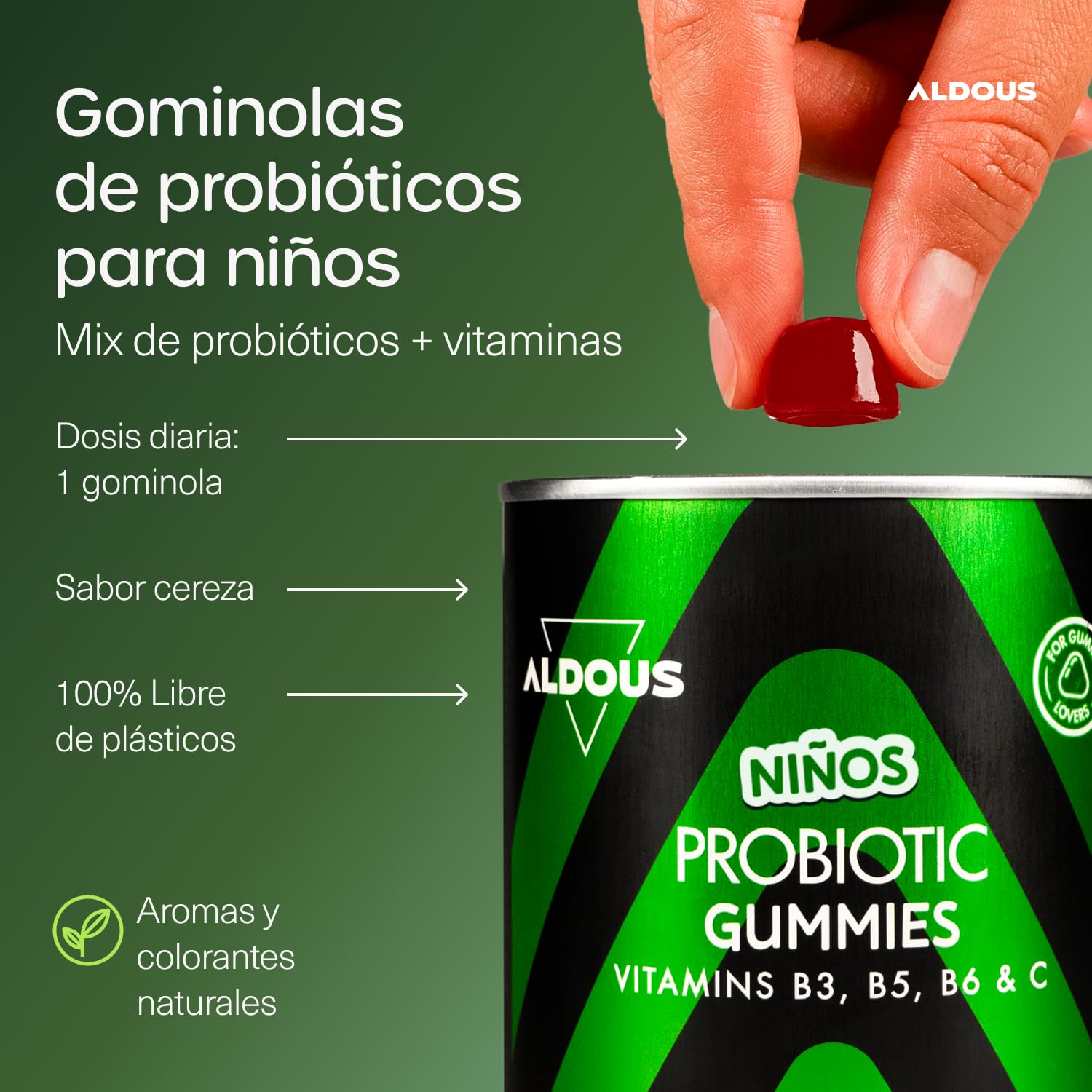 120 Probioticos Gominolas Kids + Vitamina C -Sabor Cereza- Flora intestinal | Gummies con Bifidobacterium, Lactobacillus, Vitaminas B3, B5, B6 y C - Estreñimiento, Buena Digestión, Hinchazón - ALDOUS