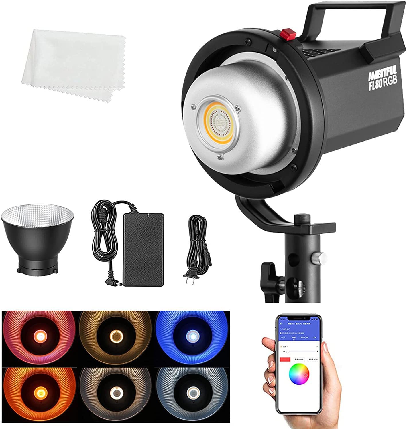 AMBITFULFL80 RGB Full Color LED Video Light 80W 2800K-10000K for Photography Studio Interviews YouTube | CRI96+ TLCI 95+ | 10 Lighting Effects | App Control | Bowens Mount