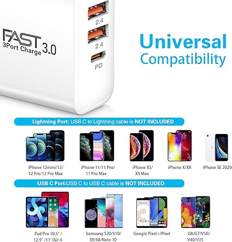 Miniatura 6 de iSeekerKit - Cargador USB C, paquete de 2 unidades, 30 W, 3 puertos, tipo C, bloque de carga con PD 3.0 + 5 V/2.4 A, plegable, USB C, enchufe