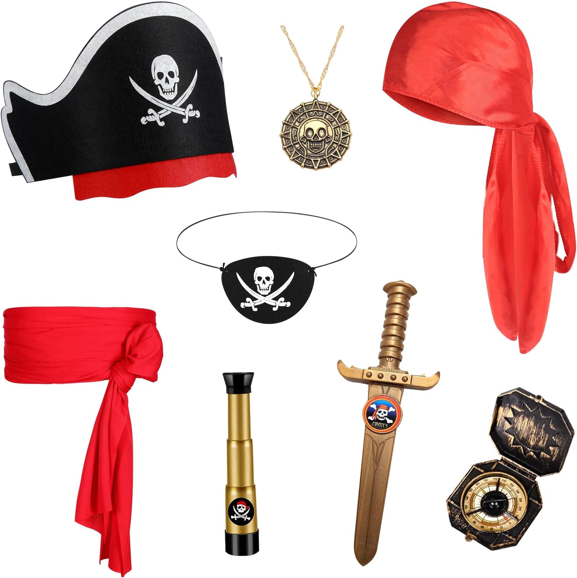 8 Pcs Pirate Accessories Set Kids Captain Role Play Pirate Costume Accessories Halloween Cosplay, Black