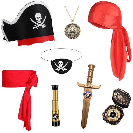 8 Pcs Pirate Accessories Set Kids Captain Role Play Pirate Costume Accessories Halloween Cosplay, Black