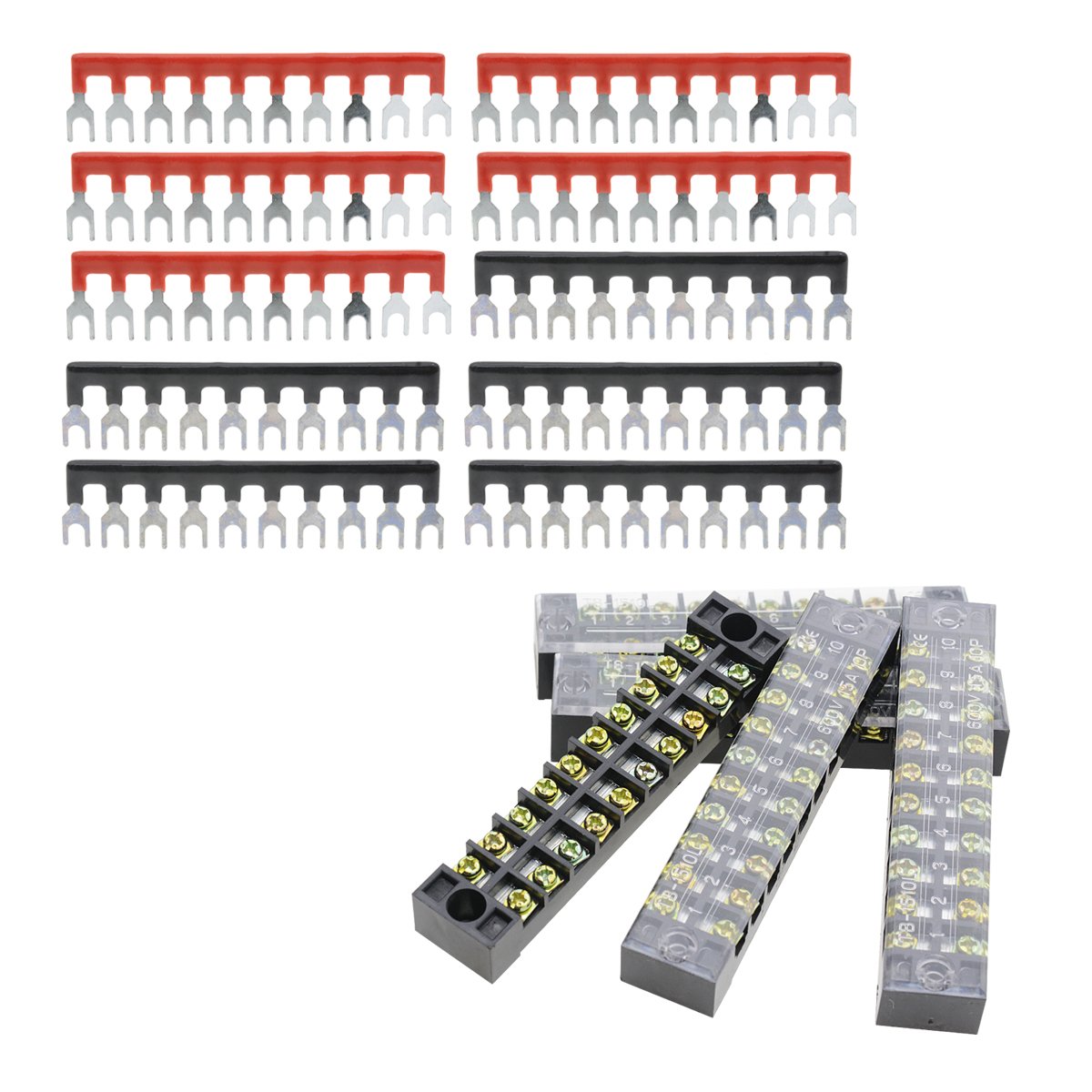 YXQ Screw Terminal Barrier Jumper Strip Block-5Pcs 600V 15A 10 Positions Double Row +(5+5) Red Black Pre-Insulated Fork Type