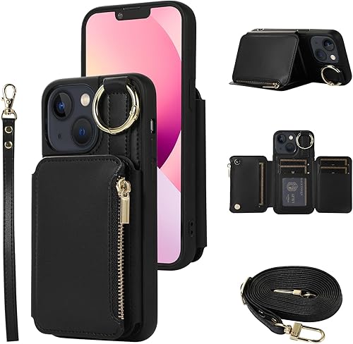 UEEBAI Funda tipo cartera cruzada para iPhone 13iPhone 14 de 6.1 pulgadas, tarjetero con función atril y bloqueo RFID, funda de piel sintética con