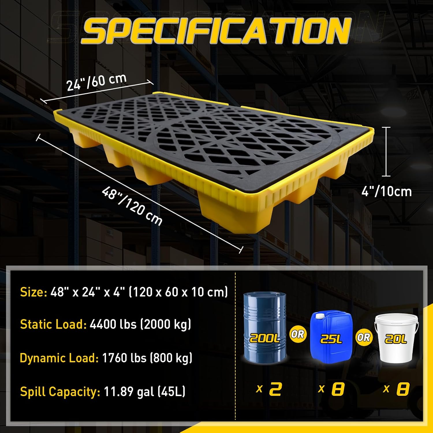 2 Drum Spill Containment Pallets with Drain & Forklift Pockets, Leakproof Platform for Garage, Basement, Industrial Storage (1 Pack, 48" x 24" x 4", 4400lbs Load Capacity, 11.89 Gallon Sump)