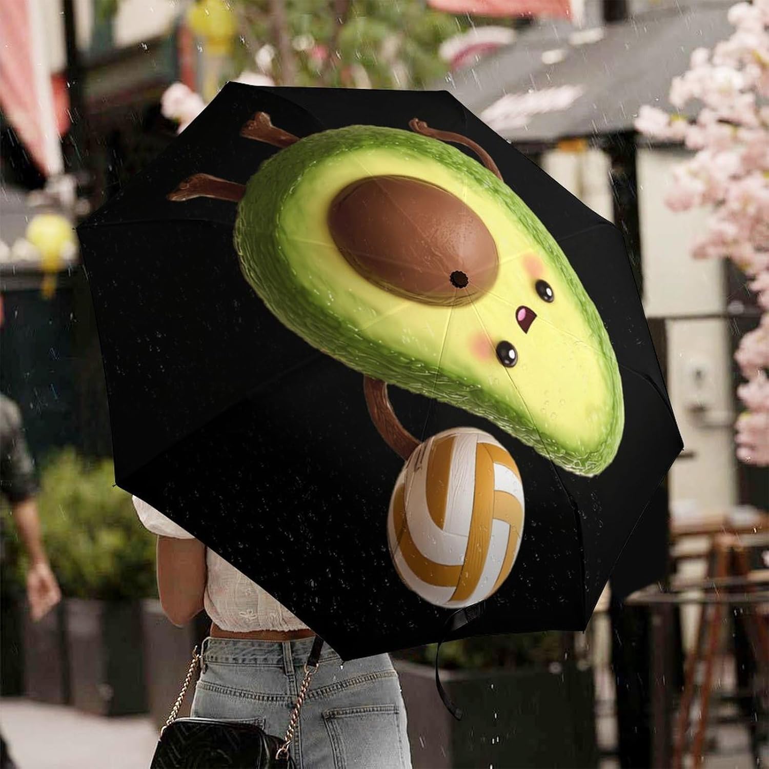 Avocado1 Playing Volleyball Portable 3 Folding Travel Umbrella for Rain Auto Open And Close Lightweight Packable