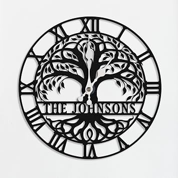 Personalized Metal Wall Clock with Family Name, Custom Tree of Life Clock, Rustic Roman Numeral Wall Decor for Home, Living Room, or Entryway, Christmas, Housewarming, Wedding Gift (Tree of Life 1)