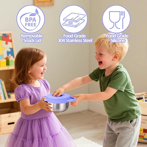 Miniatura 4 de BUSOHA Paquete de 2 vasos de acero inoxidable para niños pequeños, 9 onzas, a prueba de derrames, recipientes para aperitivos con tapa, recipientes