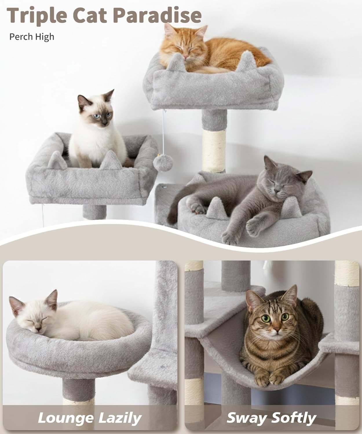 Heavy Duty Cat Tree for Indoor Cat, 71 Inch Large Cat Tower with Scratching Post and Top Perch, Hammock, Big Cat Condo for Adult Cats Kittens, PMT03GY, Grey